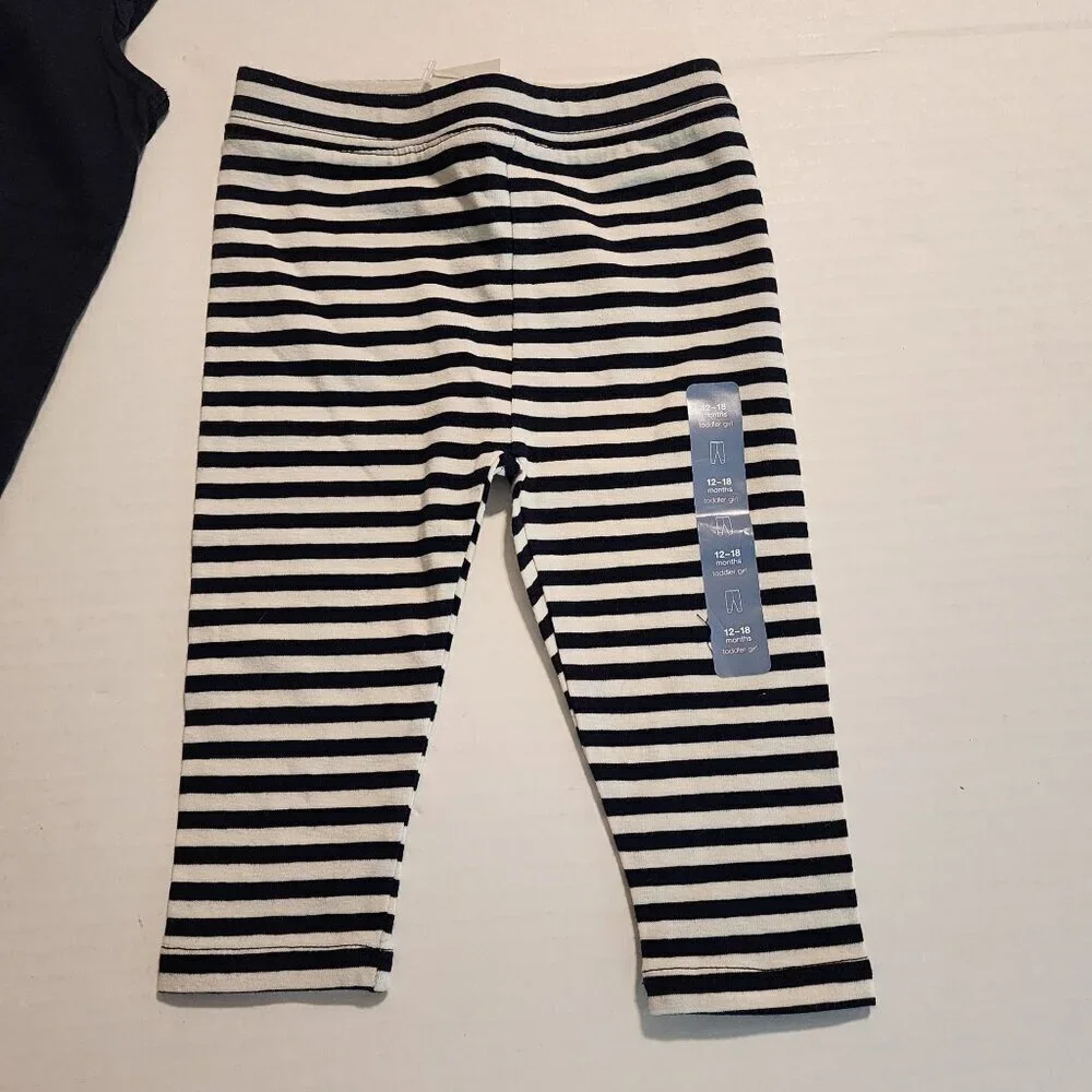 New Baby Gap girl 12-18 m outfit Blue top black white stripes leggings School